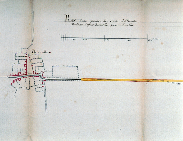 Plan d'une partie de route d'Abbeville à Doullens depuis Bernaville jusqu'à Fienvillers