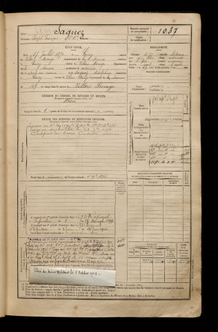 Saguez, Joseph François Jean Baptiste, né le 17 juillet 1872 à Coisy (Somme), classe 1892, matricule n° 1037, Bureau de recrutement d'Amiens