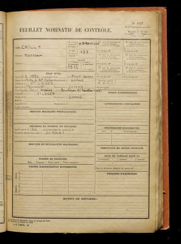 Cailly, Marceau, né le 01 mars 1892 à Pont-Remy (Somme), classe 1912, matricule n° 137, Bureau de recrutement d'Abbeville