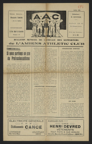 Bulletin mensuel de l'amicale des supporters de l'Amiens Athlétic Club (nouvelle édition) - Saison 1930-1931