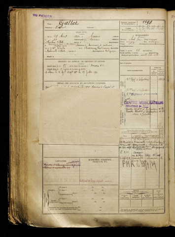 Gallet, Robert, né le 29 avril 1894 à Amiens (Somme), classe 1914, matricule n° 1198, Bureau de recrutement d'Amiens