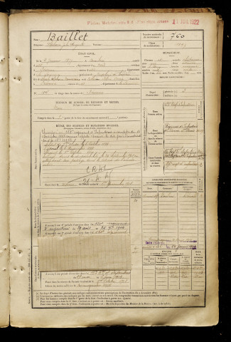 Baillet, Alphonse Jules Auguste, né le 02 janvier 1877 à Cambrai (Nord), classe 1897, matricule n° 760, Bureau de recrutement de Péronne