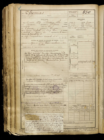 Thomas, Eugène, né le 25 août 1879 à Bussy-en-Othe (Yonne), classe 1899, matricule n° 850, Bureau de recrutement d'Amiens