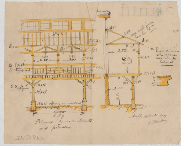 Projet d'agrandissement du Kursaal d'Onival. Plan en élévation et de profil des poteaux correspondant aux pilastres de la terrasse