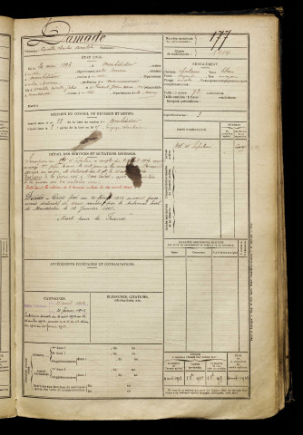 Damade, Camille Charles Anatole, né le 20 mai 1896 à Montdidier (Somme), classe 1916, matricule n° 177, Bureau de recrutement de Péronne