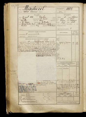 Madurel, Robert Edouard, né le 30 avril 1889 à Étinehem (Somme), classe 1909, matricule n° 1102, Bureau de recrutement de Péronne
