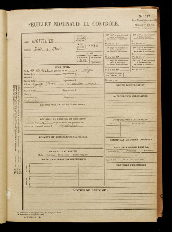 Wattelier, Clotaire Alexis, né le 17 décembre 1893 à Noyon (Oise), classe 1913, matricule n° 1030, Bureau de recrutement de Péronne