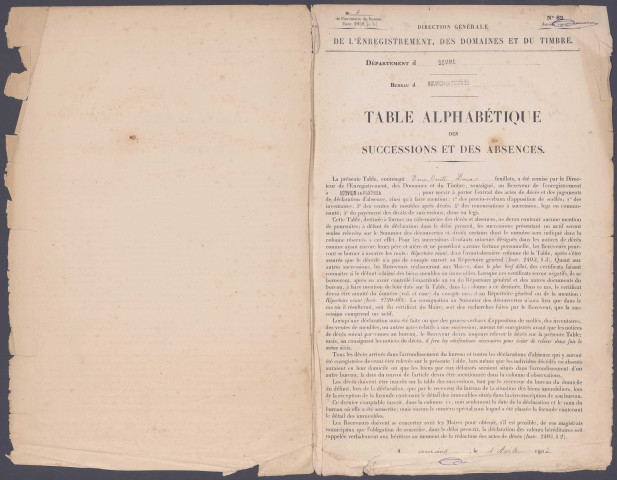 Table des successions et absences du bureau de Nouvion