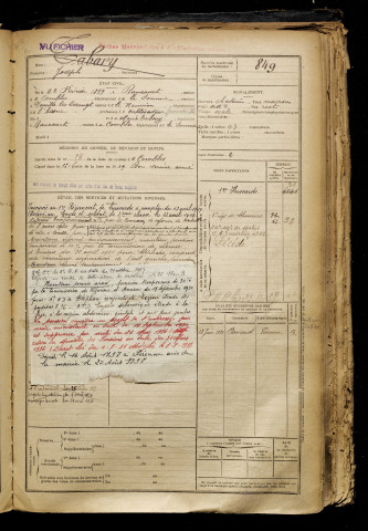 Tabary, Joseph, né le 22 février 1899 à Rancourt (Somme), classe 1919, matricule n° 849, Bureau de recrutement de Péronne