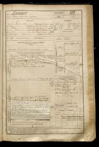 Lamart, François Octave Louis Joseph, né le 06 février 1876 à Beaumetz-lès-Loges (Pas-de-Calais), classe 1896, matricule n° 117, Bureau de recrutement de Péronne