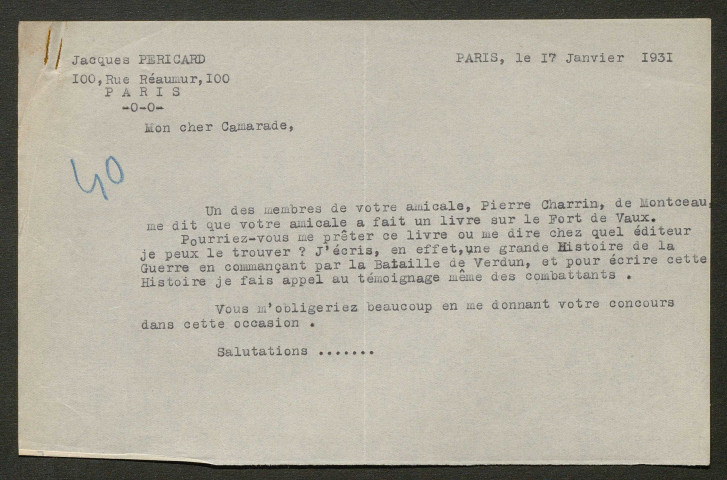 Témoignage de Broussy, Etienne (Sous-lieutenant) et correspondance avec Jacques Péricard