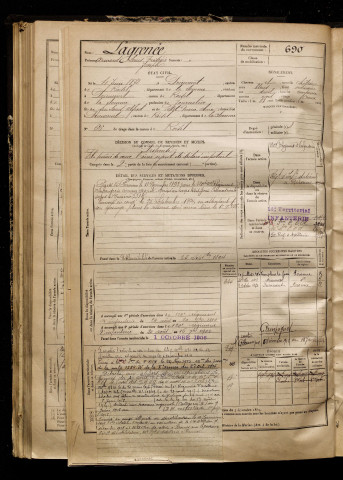 Lagrenée, Armand Louis Frédéric Joseph, né le 04 juin 1872 à Driencourt (Somme), classe 1892, matricule n° 690, Bureau de recrutement de Péronne