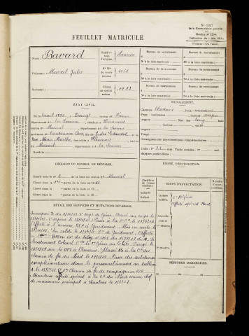 Bavard, Marcel Jules, né le 07 avril 1893 à Doingt (Somme), classe 1913, matricule n° 1032, Bureau de recrutement de Péronne