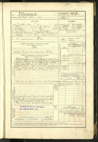 Vérineux, Jules Joseph Octave, né le 08 octobre 1860 à Y (Somme, France), classe 1880, matricule n° 1018, Bureau de recrutement de Péronne