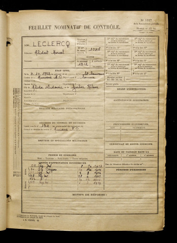 Leclercq, Alidat Marcel, né le 04 octobre 1892 à Saint-Sauveur (Somme), classe 1912, matricule n° 1046, Bureau de recrutement d'Amiens