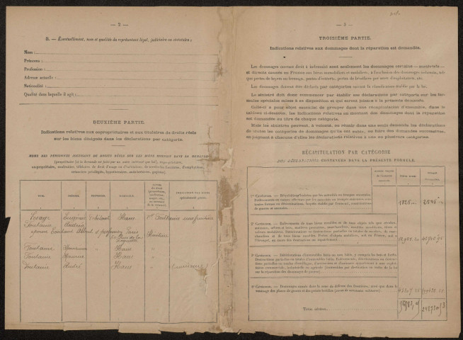 Ham. Demande d'indemnisation des dommages de guerre : dossier Fontaine-Lesage