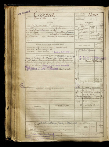 Croquet, René Clovis, né le 20 janvier 1900 à Amiens (Somme), classe 1920, matricule n° 1300, Bureau de recrutement d'Amiens