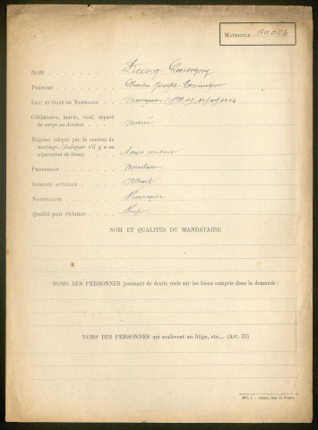 Albert. Demande d'indemnisation des dommages de guerre : dossier Decocq-Cartigny