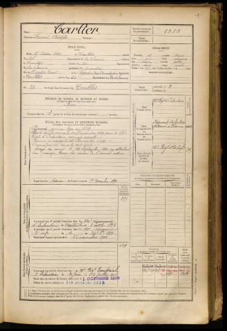 Tarlier, Laurent Adolphe, né le 17 octobre 1866 à Combles (Somme), classe 1886, matricule n° 1315, Bureau de recrutement de Péronne