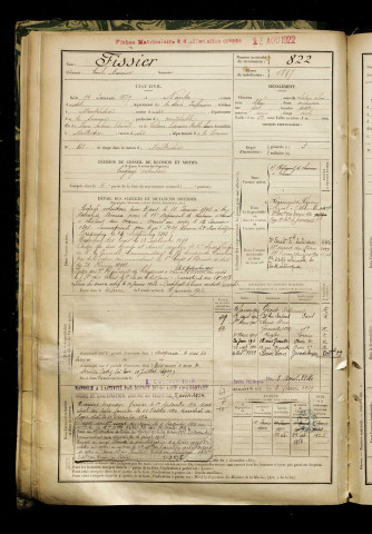 Fissier, Emile Maurice, né le 14 janvier 1879 à Nantes (Loire-Atlantique), classe 1899, matricule n° 822, Bureau de recrutement de Péronne