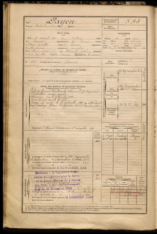 Payen, Charles Léonard Vinceslas, né le 06 novembre 1867 à Cartigny (Somme), classe 1887, matricule n° 598, Bureau de recrutement de Péronne