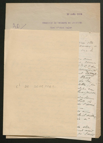 Témoignage de De Schepper, R. (Colonel - ex Lieutenant en 1914) et correspondance avec Jacques Péricard