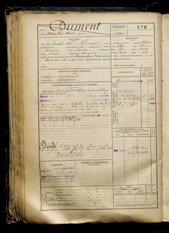 Dumont, Marie Eloi Albert, né le 24 novembre 1889 à Méharicourt (Somme), classe 1909, matricule n° 174, Bureau de recrutement de Péronne