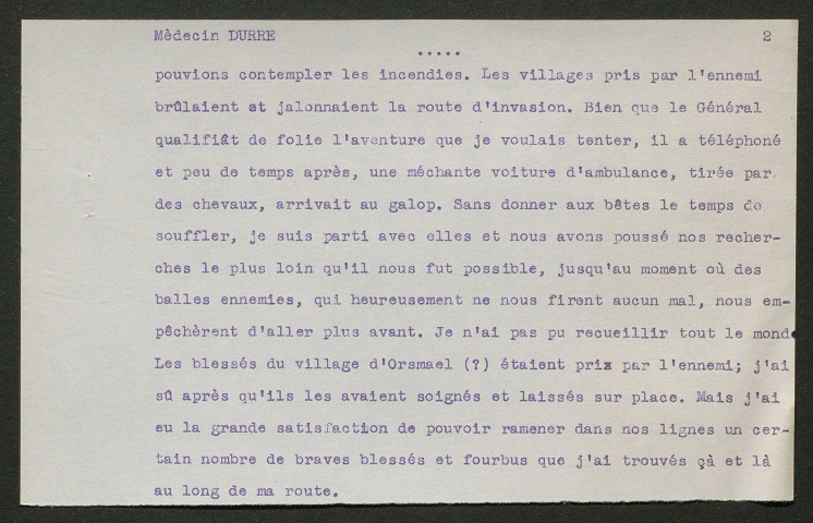 Témoignage de Durré (Lieutenant général - Médecin chef) et correspondance avec Jacques Péricard