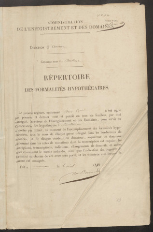 Répertoire des formalités hypothécaires, du 12/03/1850 au 15/01/1851, volume n° 75 (Conservation des hypothèques de Doullens)