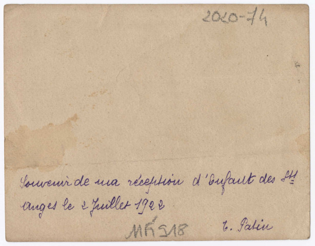 Les Saints Anges Gardiens (Benozzo Gozzoli). Souvenir de ma réception d'Enfant des Saints Anges le 2 juillet 1922. Signé : T. Patin