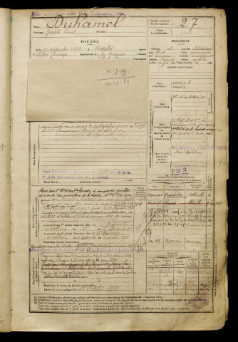 Duhamel, Joseph Louis, né le 13 septembre 1884 à Flesselles (Somme), classe 1904, matricule n° 27, Bureau de recrutement d'Amiens