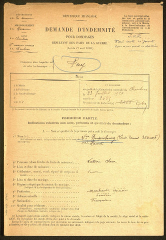 Fay. Demande d'indemnisation des dommages de guerre : dossier Ricquebourg-Hamet