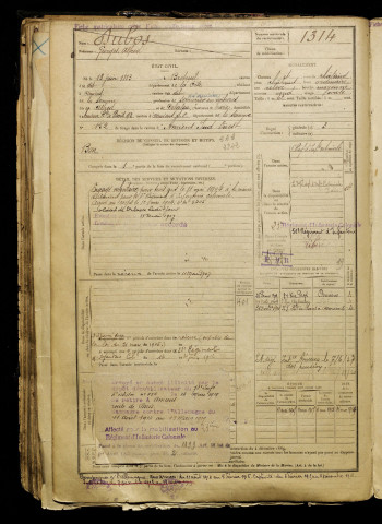 Dubos, Georges Alfred, né le 13 juin 1883 à Breteuil (Oise), classe 1903, matricule n° 1314, Bureau de recrutement d'Amiens