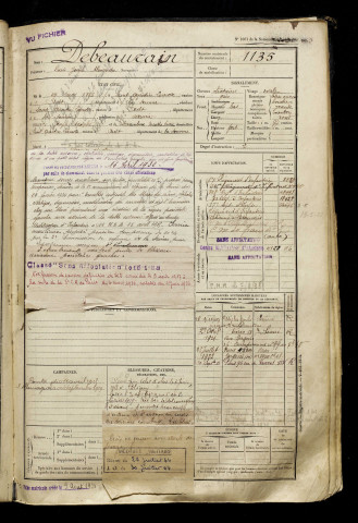 Debeaurain, Louis Joseph Alexandre, né le 27 mai 1896 à Saint-Quentin-la-Motte-Croix-au-Bailly (Somme), classe 1916, matricule n° 1135, Bureau de recrutement d'Abbeville