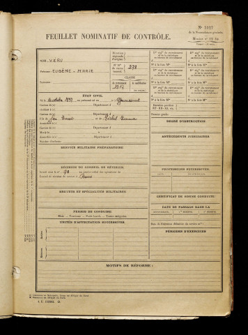 Véru, Eugène Marie, né le 14 octobre 1897 à Guyencourt (Aisne), classe 1917, matricule n° 278, Bureau de recrutement d'Amiens