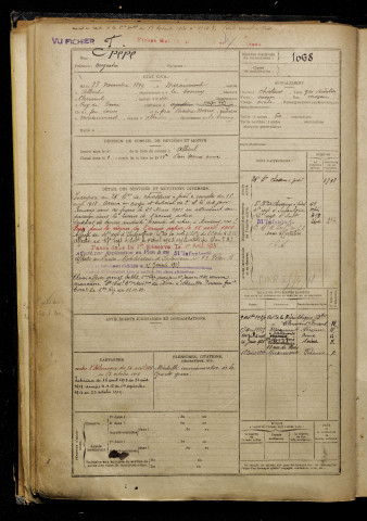 Frère, Augustin, né le 23 novembre 1899 à Miraumont (Somme), classe 1919, matricule n° 1068, Bureau de recrutement de Péronne