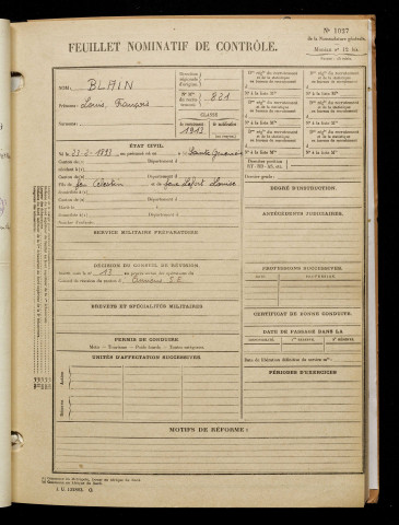 Blain, Louis François, né le 23 février 1893 à Sainte-Geneviève (Aisne), classe 1913, matricule n° 821, Bureau de recrutement d'Amiens