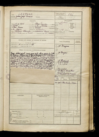 Legrand, Gustave Jospeh Fernand, né le 25 mars 1901 à Villers-Faucon (Somme), classe 1921, matricule n° 795, Bureau de recrutement de Péronne