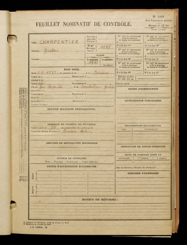 Charpentier, Gaston, né le 02 mai 1893 à Amiens (Somme), classe 1913, matricule n° 1285, Bureau de recrutement d'Amiens