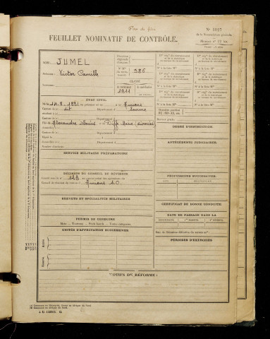 Jumel, Victor Camille, né le 14 août 1891 à Amiens (Somme), classe 1911, matricule n° 986, Bureau de recrutement d'Amiens