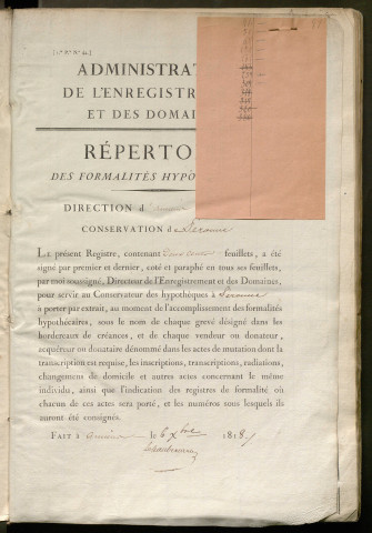 Répertoire des formalités hypothécaires, du 16/01/1819 au 08/04/1819, registre n° 081 (Péronne)