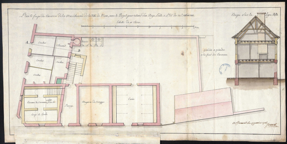Plan et coupe des casernes de la maréchaussée de la ville de Ham, avec le projet pour relever d'un étage l'aile à l'est de ce bâtiment (1784)