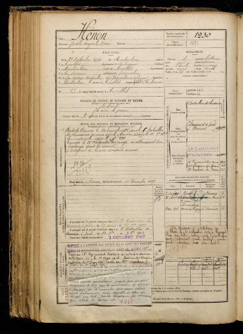 Hénon, Joseph Auguste Henri, né le 21 septembre 1873 à Montauban-de-Picardie (Somme), classe 1893, matricule n° 1230, Bureau de recrutement de Péronne