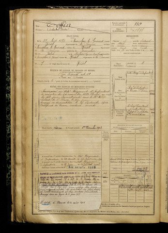 Toffin, Octave Victor, né le 27 août 1878 à Templeux-le-Guérard (Somme), classe 1898, matricule n° 110, Bureau de recrutement de Péronne