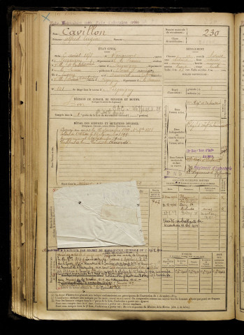 Cavillon, Alfred Eugène, né le 02 août 1878 à Vignacourt (Somme), classe 1898, matricule n° 230, Bureau de recrutement d'Amiens