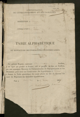 Table du répertoire des formalités, de Foursy à Fournier, registre n° 9 bis (Péronne)