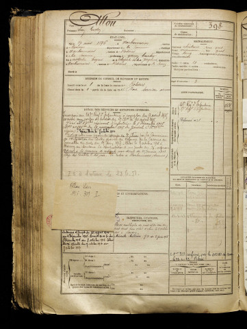 Allon, Léon Gaston, né le 27 mars 1896 à Harbonnières (Somme), classe 1916, matricule n° 398, Bureau de recrutement de Péronne