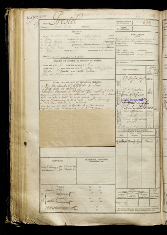 Prestel, Joseph Charles, né le 21 avril 1893 à Monchy-Lagache (Somme), classe 1913, matricule n° 638, Bureau de recrutement de Péronne