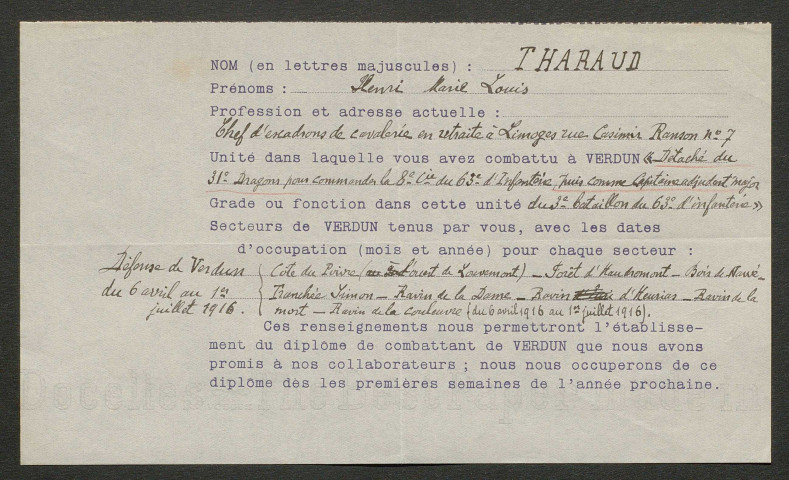 Témoignage de Tharaud, Henri Marie Louis (Capitaine) et correspondance avec Jacques Péricard