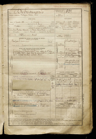 Debeauvais, Adrien Philomène Arsène, né le 15 janvier 1885 à Amiens (Somme), classe 1905, matricule n° 937, Bureau de recrutement de Péronne